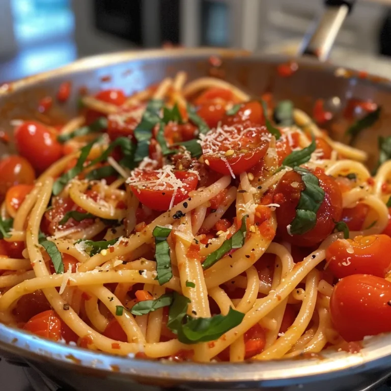 Pasta con tomates y albahaca en un plato, con ingredientes frescos alrededor.