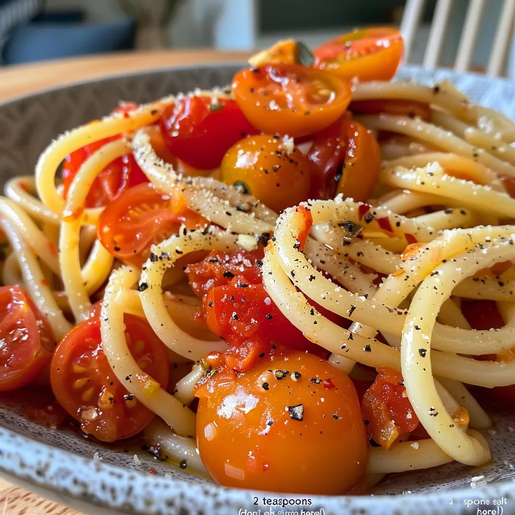 Close-up de un plato de pasta con tomates variados y hierbas, iluminado por luz natural.