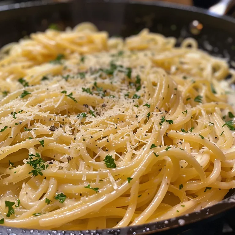 Close-up of creamy garlic pasta in a bowl, with parsley garnish.