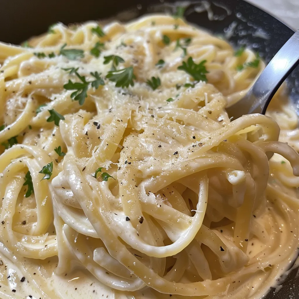 Side view of cooked pasta with a rich garlic sauce, topped with Parmesan.