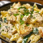 Primer plano de pasta cremosa con pollo y espinacas en un plato.