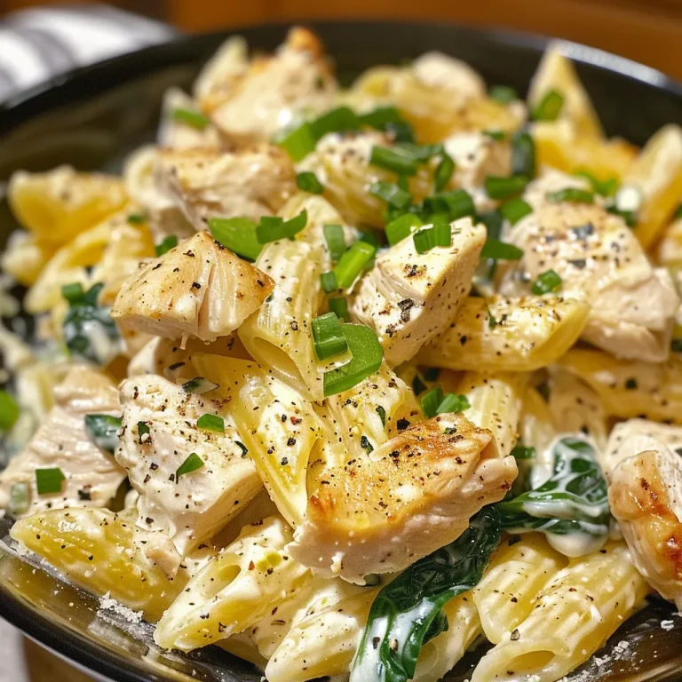 Primer plano de pasta cremosa con pollo y espinacas en un plato.