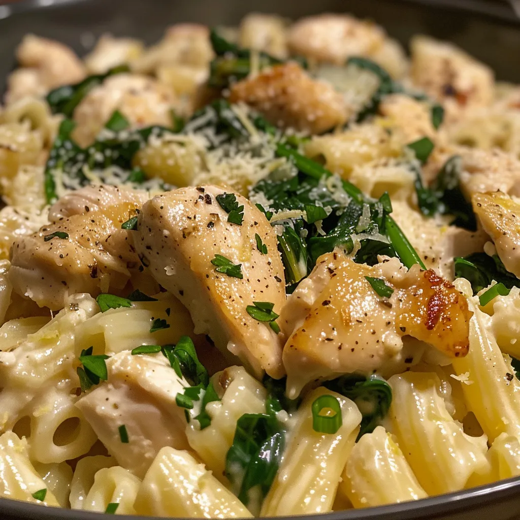 Vista lateral de un plato de pasta con trozos de pollo y espinacas.
