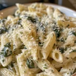 Primer plano de pasta con espinacas y ricotta en un plato.