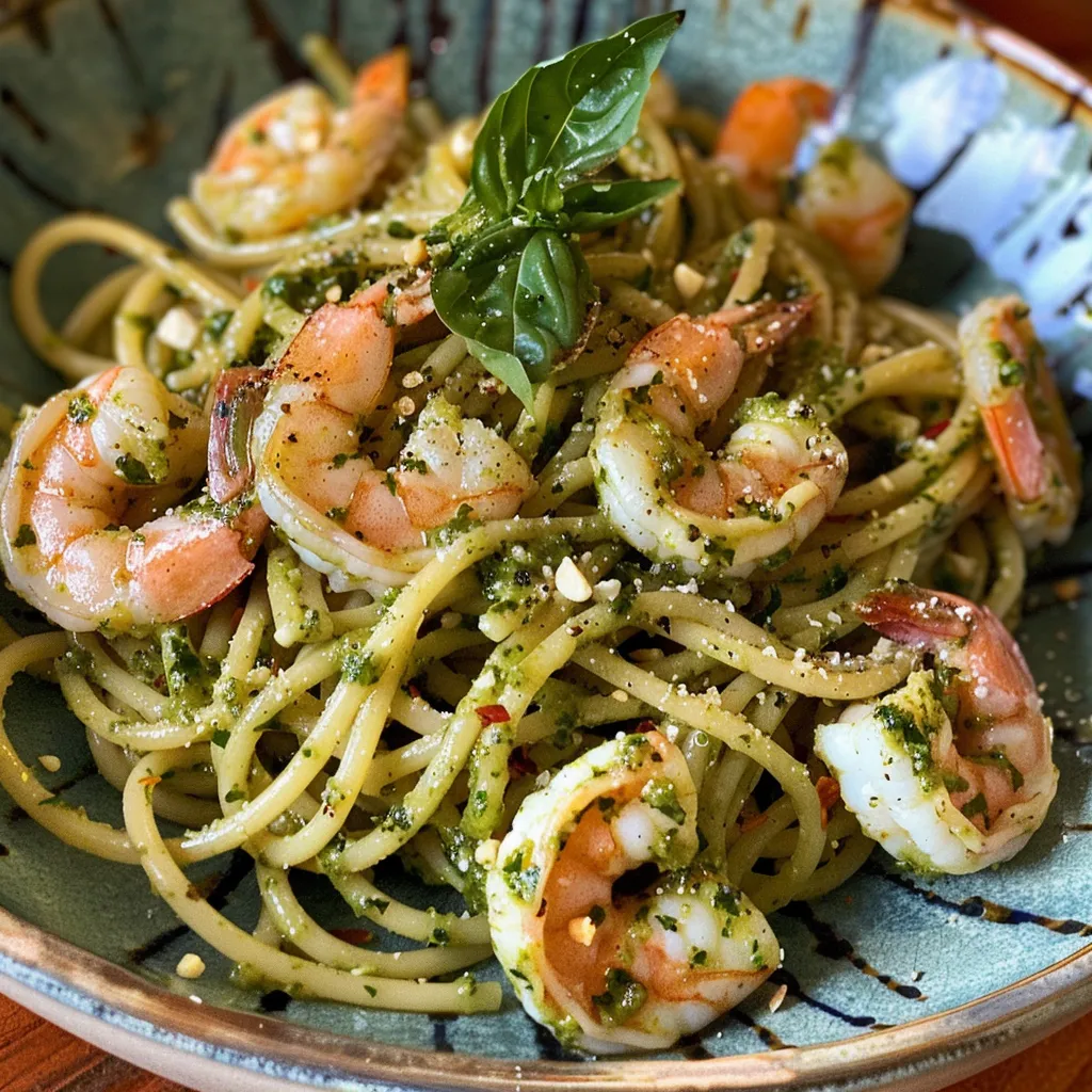 Montaje de pasta con pesto y camarones, con ingredientes frescos visibles.