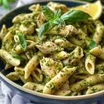 Pasta con pesto y pollo en un plato blanco, con detalles de ajo y queso.