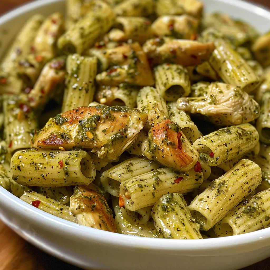 Primer plano de pasta al pesto con trozos de pollo y un toque de parmesano.