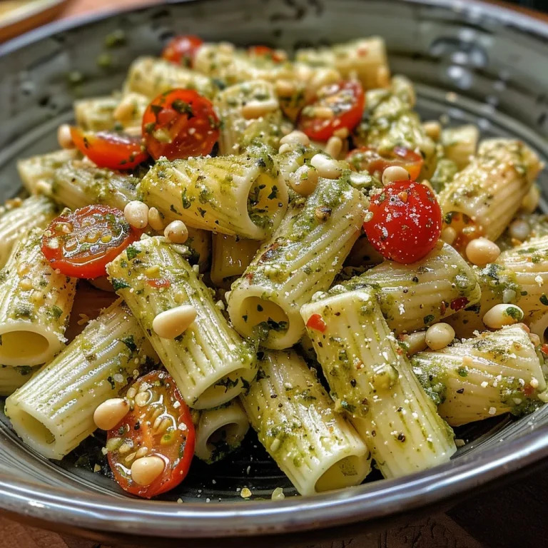Primer plano de pasta al pesto con tomates cherry.