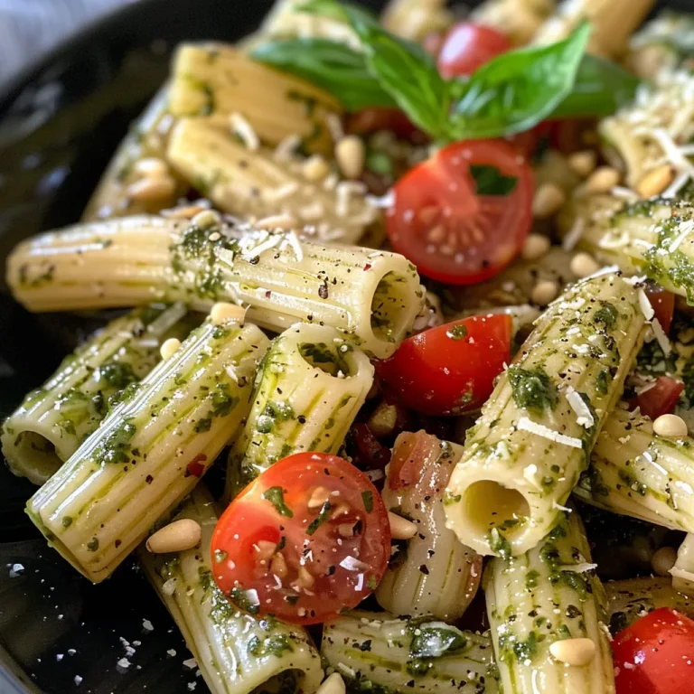 Nahaufnahme von Pesto-Pasta mit halbierten Kirschtomaten.