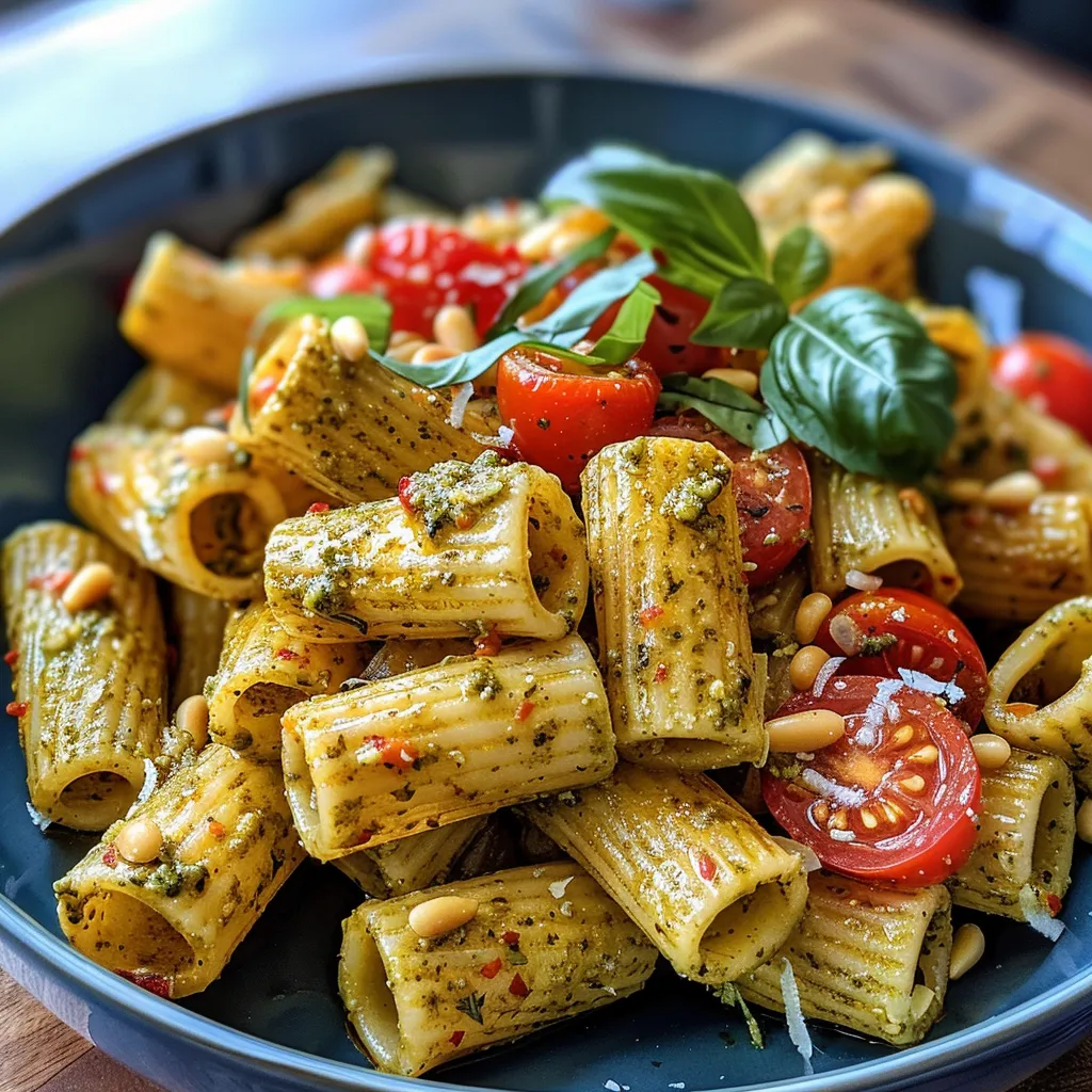 Vista lateral de un plato de pasta al pesto con tomates cherry.