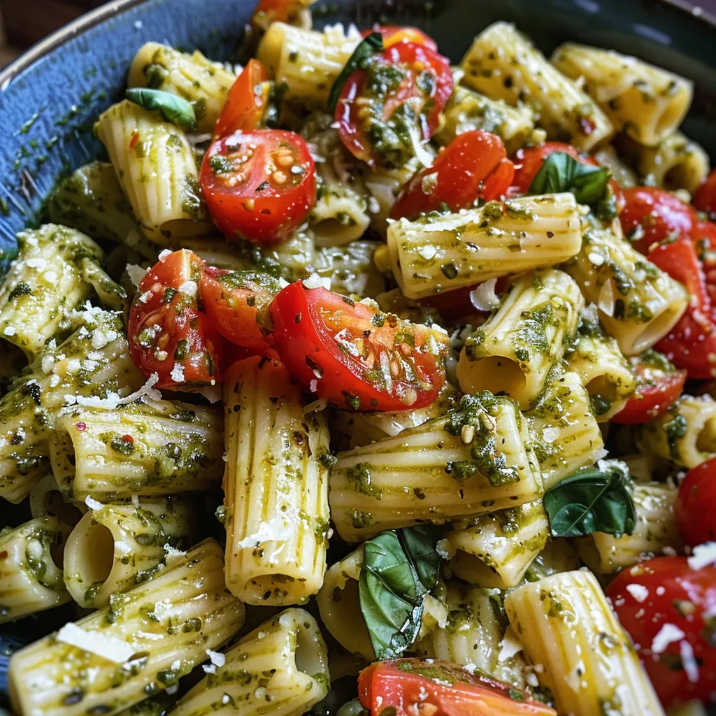 Seiteansicht einer Portion Pasta Pesto mit frischem Basilikum und Tomaten.