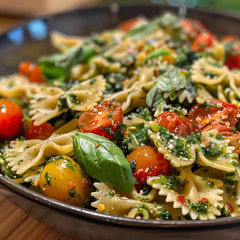 Close-up of a plate of pasta with pesto and sun-dried tomatoes.