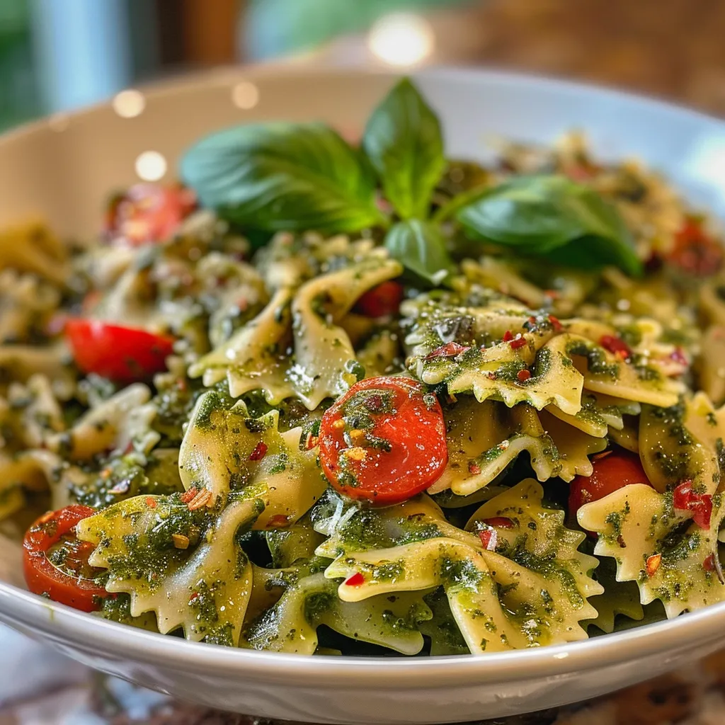 Juicy farfalle pasta tossed with pesto, cherry tomatoes, and spinach.