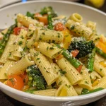 Primer plano de un plato de Pasta Primavera cremosa con vegetales coloridos.