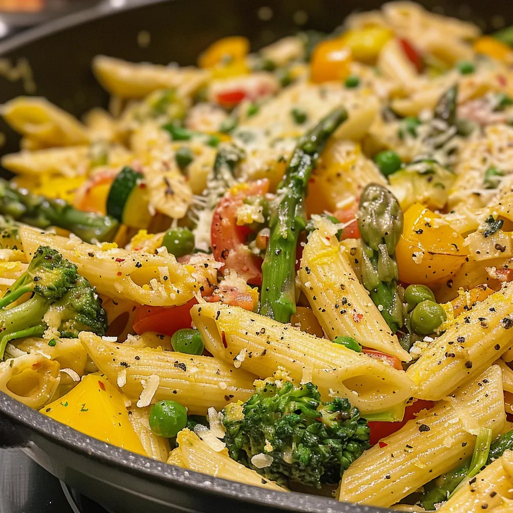 Vista lateral de un plato de Pasta Primavera cremosa, con ingredientes frescos visibles.