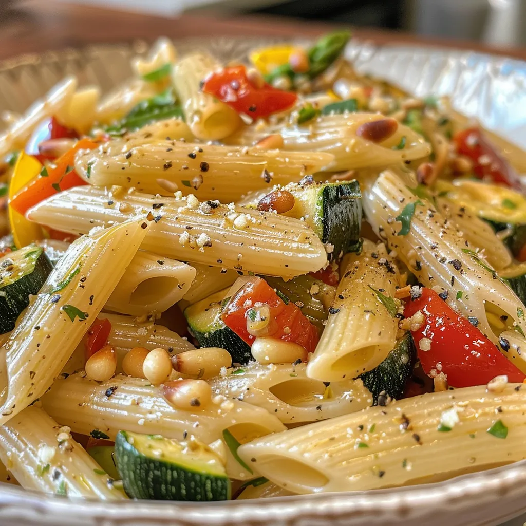 Primer plano de Pasta Primavera con verduras frescas.
