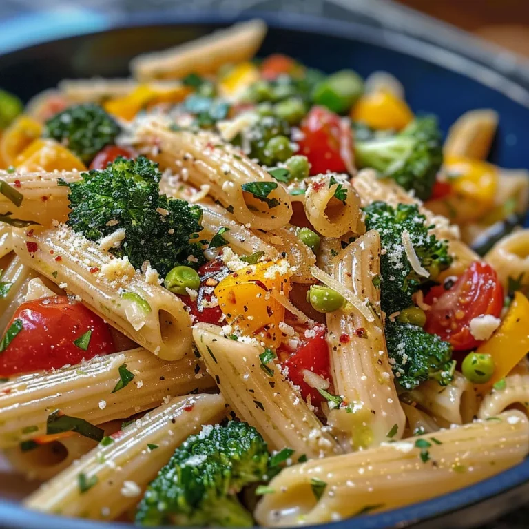 Explora la Frescura de la Primavera con Esta Deliciosa Pasta Primavera Close-up of a colorful Pasta Primavera with vibrant vegetables.