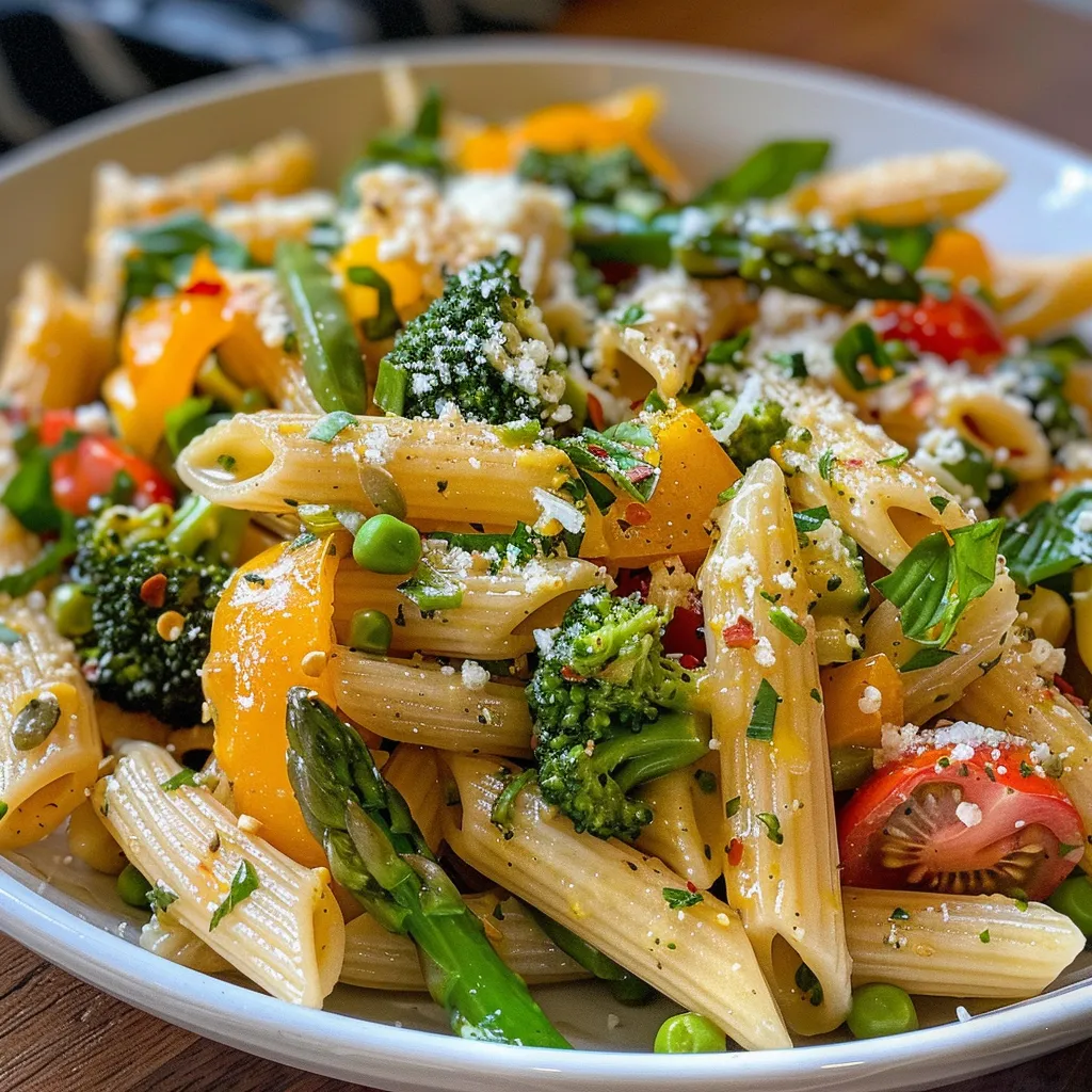 Side view of juicy Pasta Primavera featuring fresh veggies and pasta.