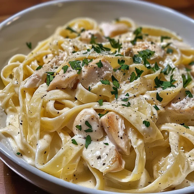 Vista lateral de un plato de Pasta Alfredo con Pollo, decorado con perejil fresco.