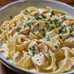 Vista lateral de un plato de pasta Alfredo con pollo y queso parmesano.