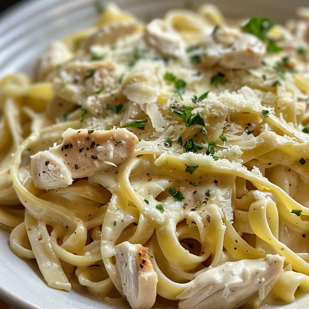 Pasta Alfredo con pollo en un plato blanco, decorado con perejil.