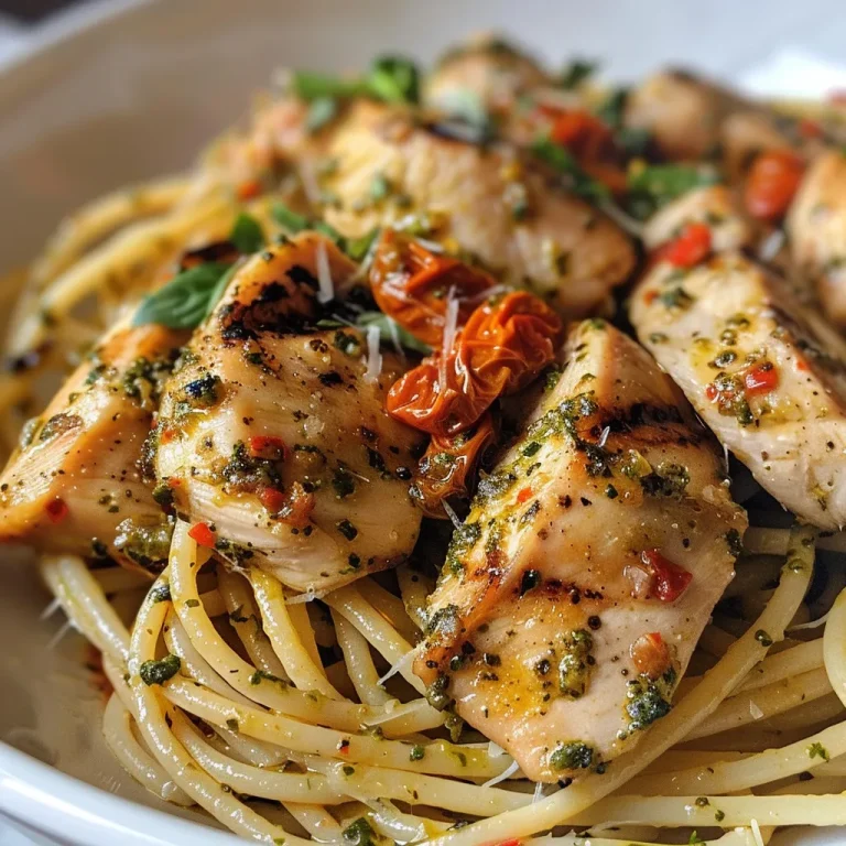 Close-up de un plato delicioso de pasta con ingredientes frescos y pesto rojo.