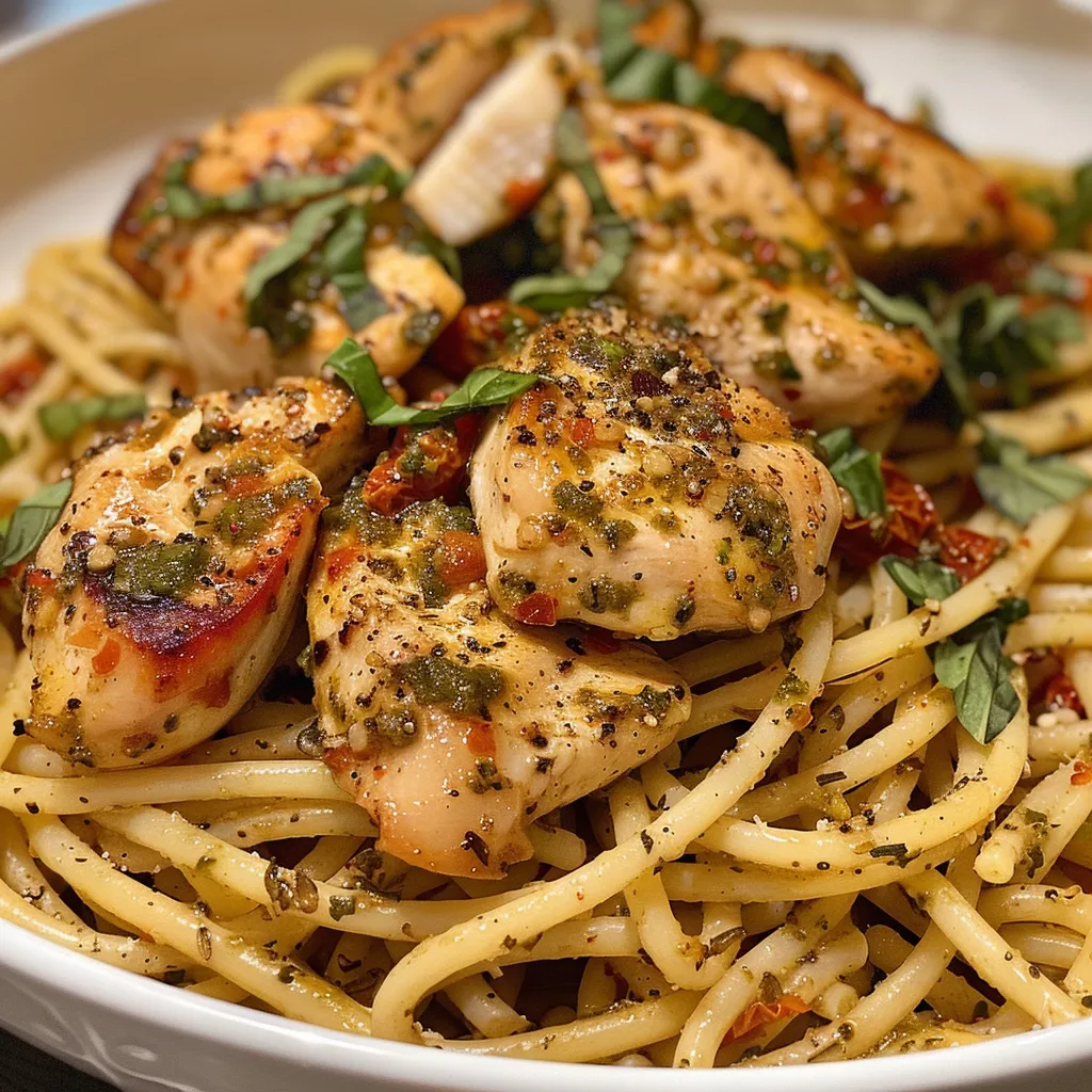 Pasta con pesto rojo, pollo y espinacas en un plato blanco con decoración de albahaca.