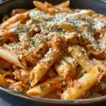 Close-up de pasta con trozos de pollo, cebolla y salsa, con un toque de queso.
