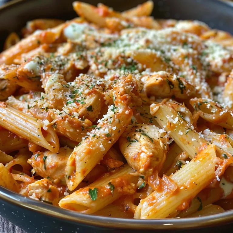 Close-up de pasta con trozos de pollo, cebolla y salsa, con un toque de queso.