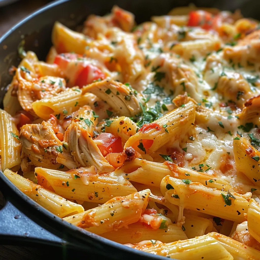 Placa de Pasta con Pollo al Horno, mostrando pasta y pollo dorado con hierbas.