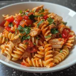 Primer plano de pasta con pollo en salsa roja y hierbas frescas.