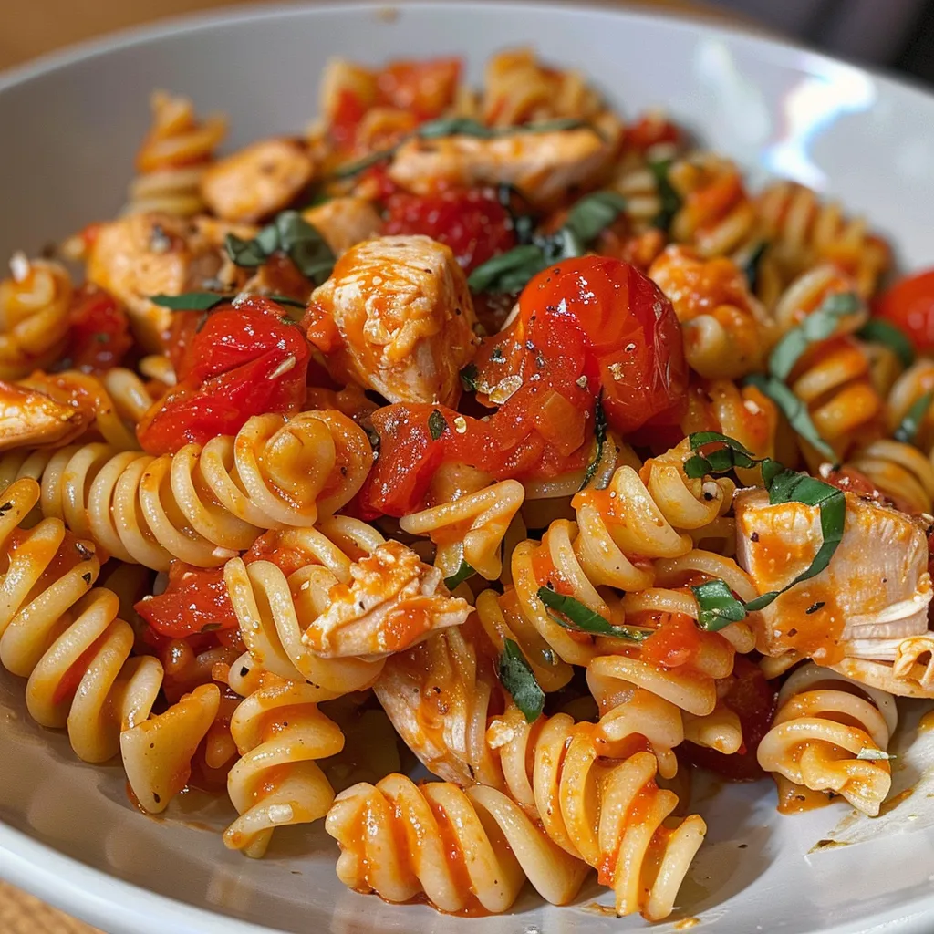 Pasta espagueti con pollo y salsa de tomate decorada con queso y perejil.