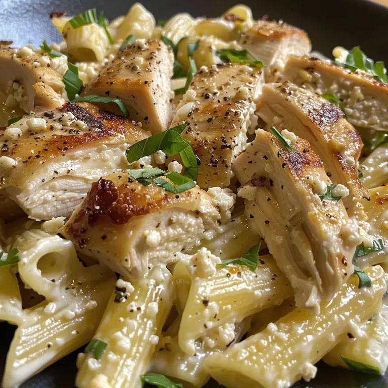 Plato delicioso de pasta corta con trozos de pollo y crema de ricotta en un fondo atractivo.