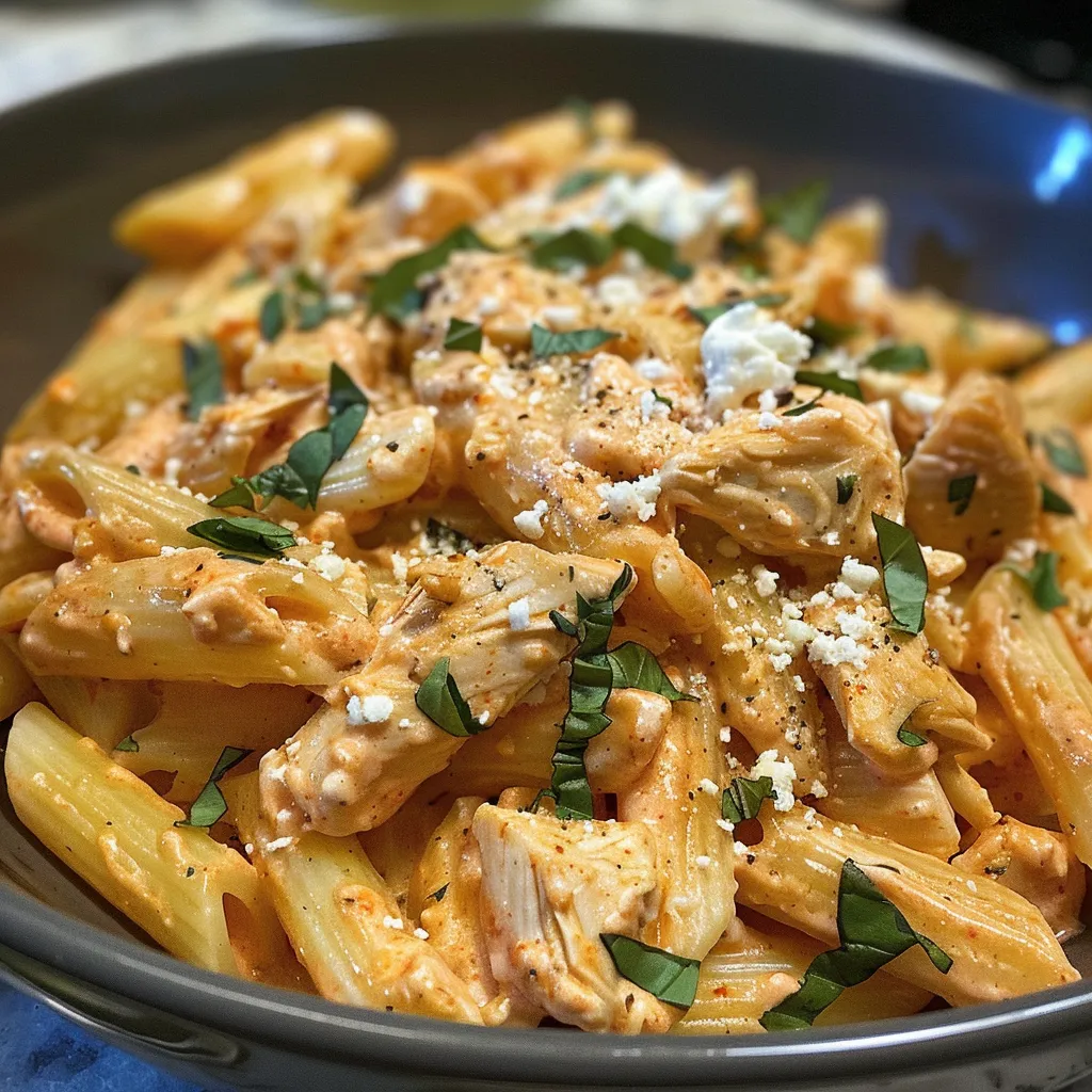 Pasta con pollo y ricotta, adornada con albahaca y perejil, luciendo fresca y apetitosa.