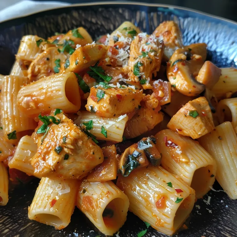 Vista lateral de un plato humeante de Pasta con Pollo y Tomate.
