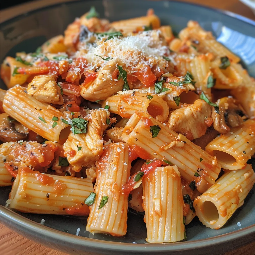 Pasta con pollo y tomate, decorado con queso parmesano rallado.