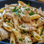 Pasta con trozos de pollo, adornada con perejil fresco.