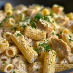Juicy chicken and rigatoni pasta in a creamy sauce, close-up shot.