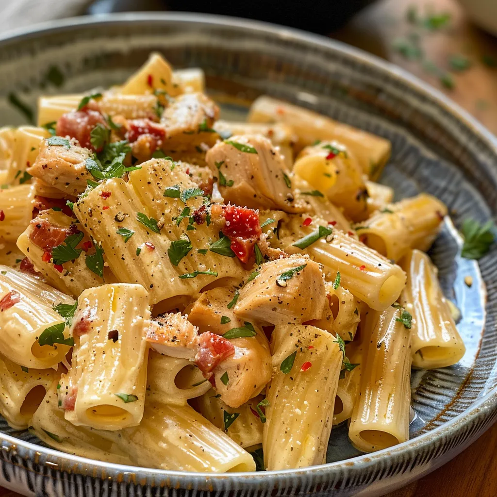 Appetizing bowl of Pasta Cremosa con Pollo featuring melted cheese.