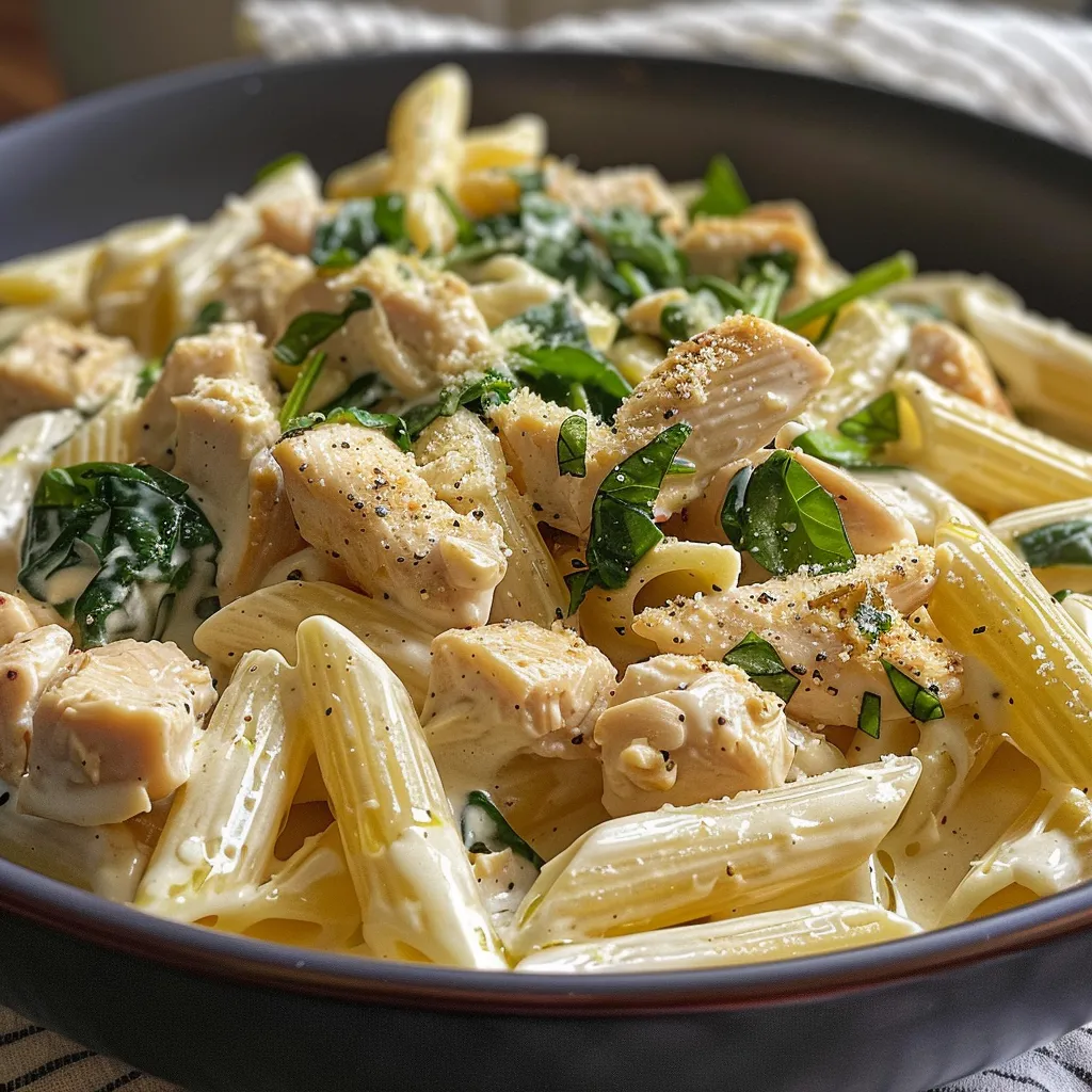 Close up de un plato de pasta con pollo y espinacas, con salsa blanca.