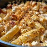 Primer plano de pasta con pollo desmenuzado y mezcla de quesos.