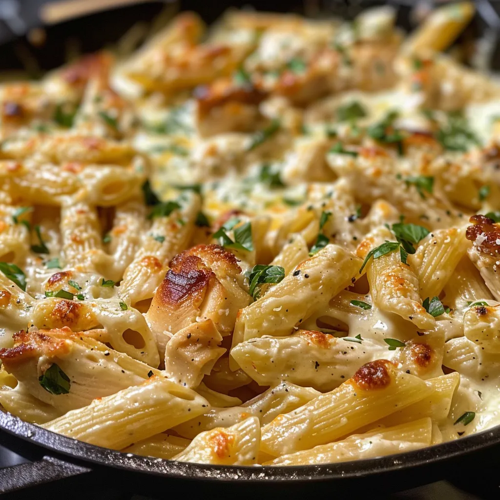 Porción de Pasta Cremosa de Pollo y Queso decorada con cebollines.