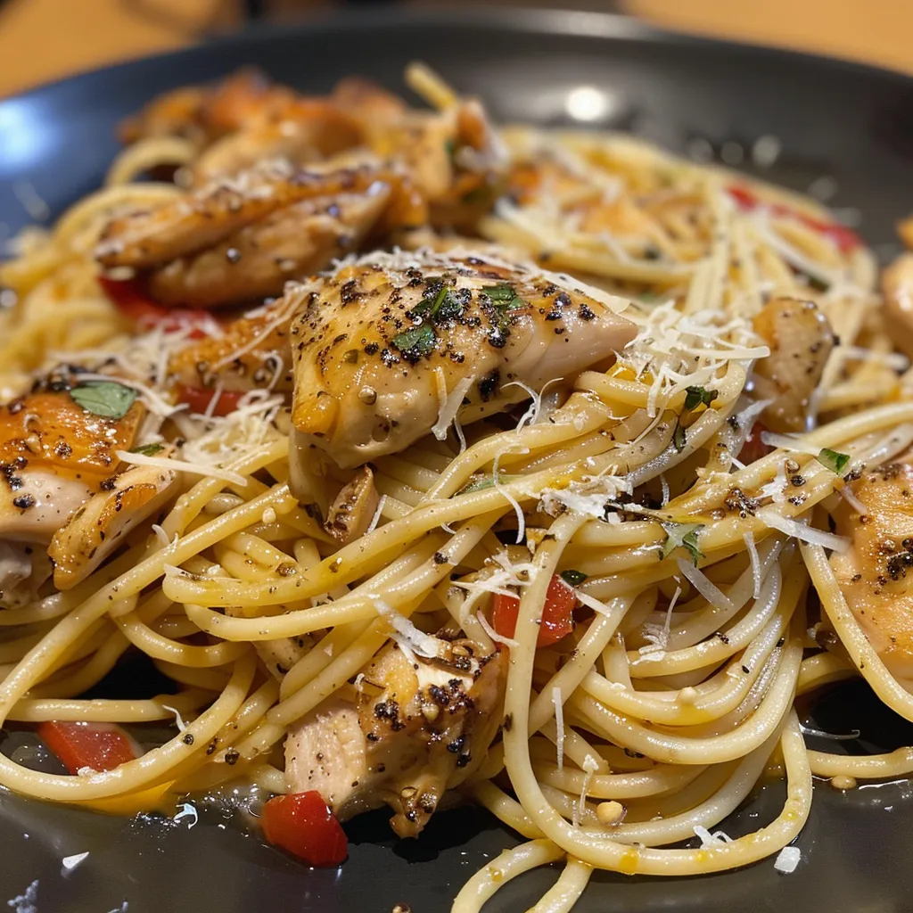 Porción de pasta con pollo, salsa brillante y especias, vista cercana.