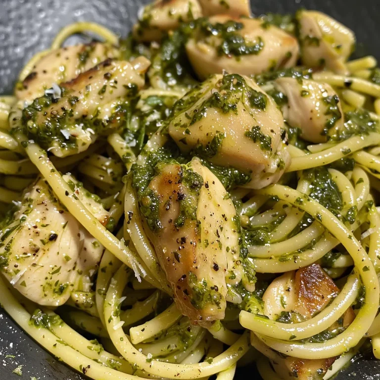 Pasta de Pollo con Pesto servida en un plato blanco.