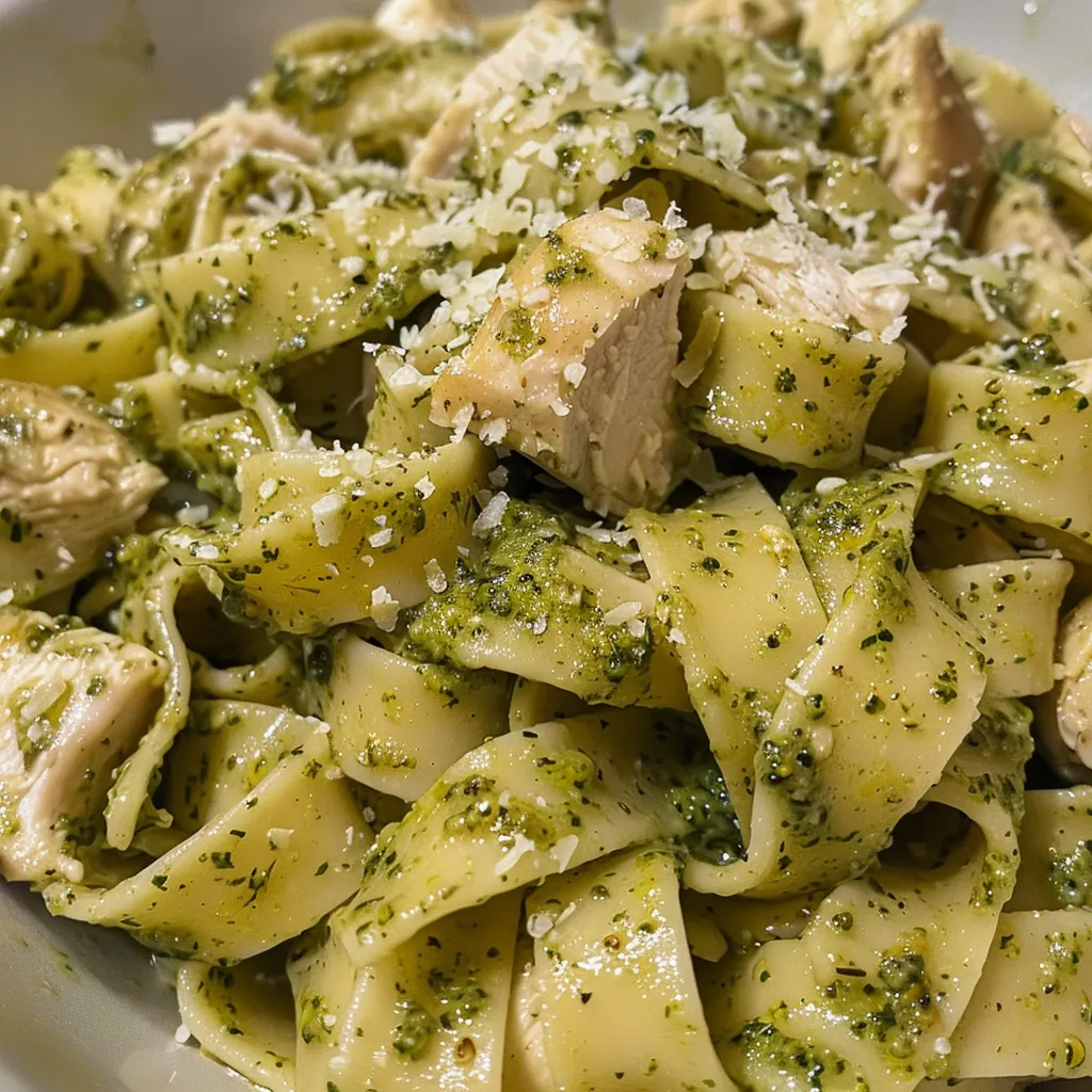 Detalle de Pasta de Pollo con Pesto, mostrando la salsa verde.