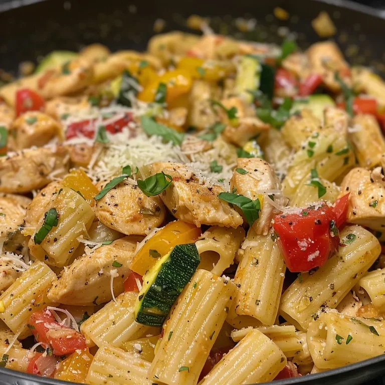 Close-up de Pasta Primavera con pollo, resaltando la textura cremosa y ingredientes frescos.