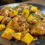 Trozos de pollo jugosos con salsa de mango en un plato.