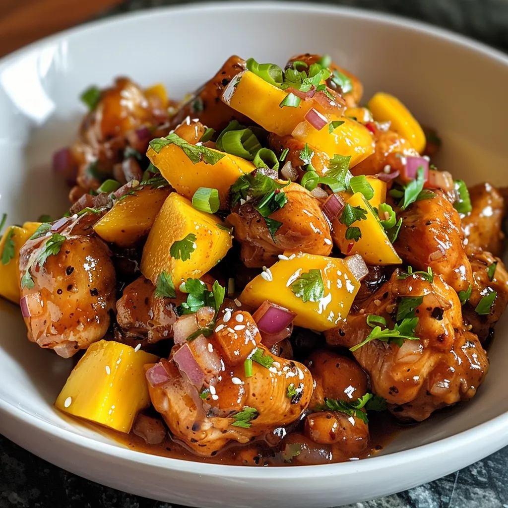 Porción de pechugas de pollo en salsa de mango, decorada con cebolla.