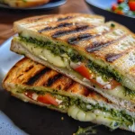 Delicioso pimiento calabrese y aguacate en un panini de pollo y pesto.