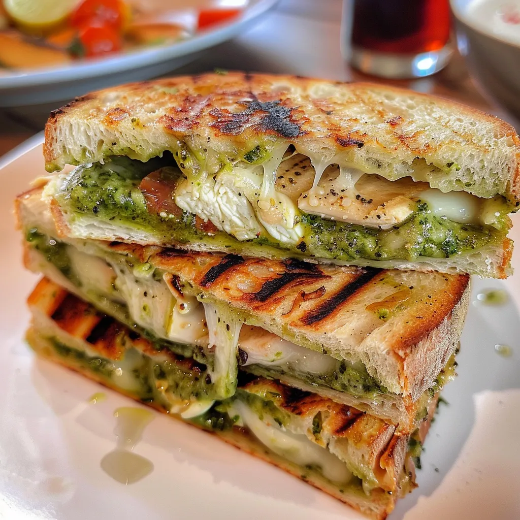 Primer plano de un panini relleno de pollo y pesto, con albahaca fresca en el borde.